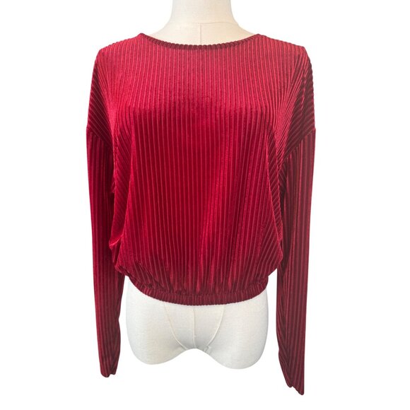 2/$15 ZARA Red Berry Medium Velvet Long Sleeve Ribbed Top Elastic Waist - Picture 1 of 13